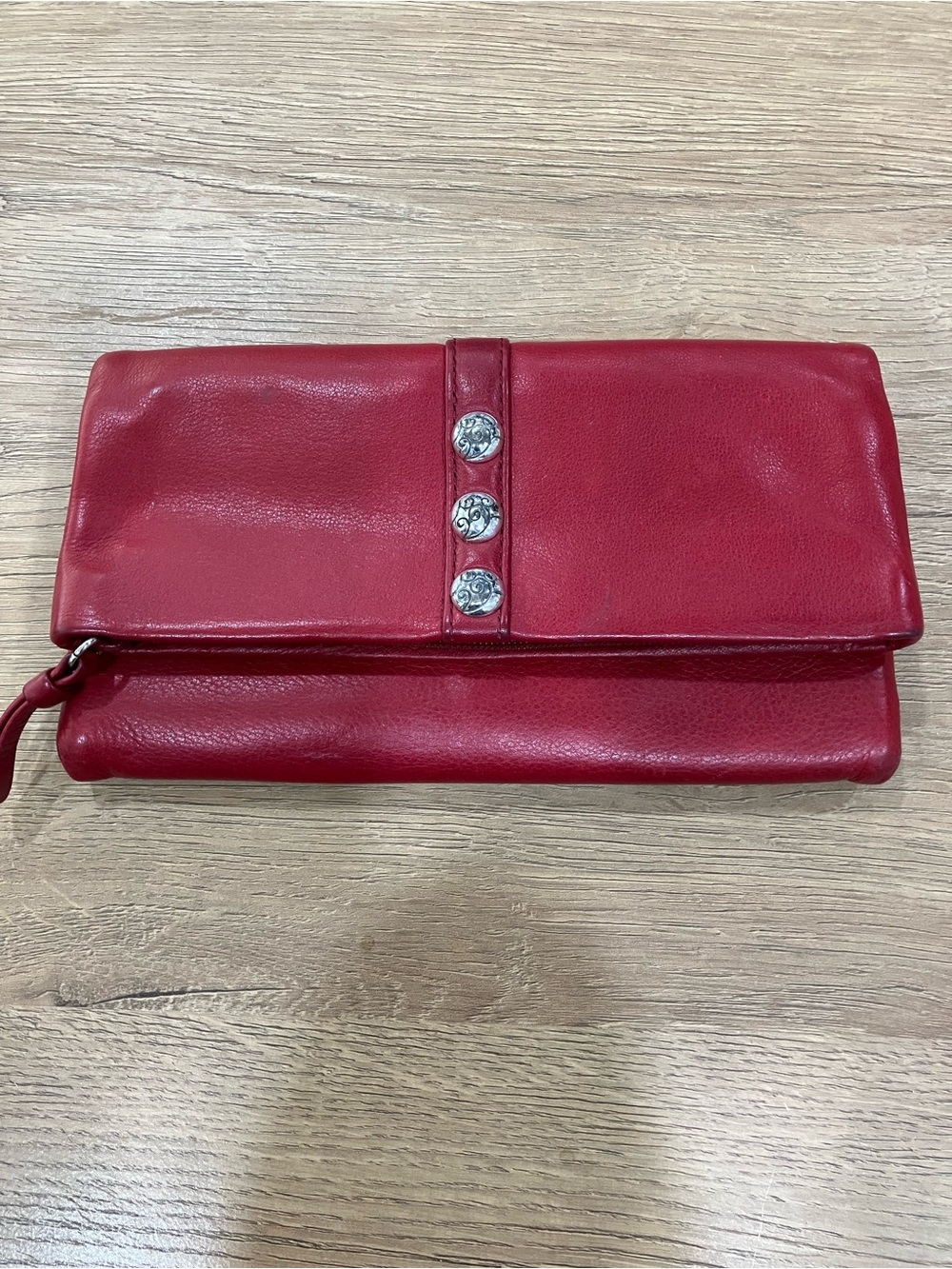 Brighton Red Leather Fold-Over Wallet with Silver Accents